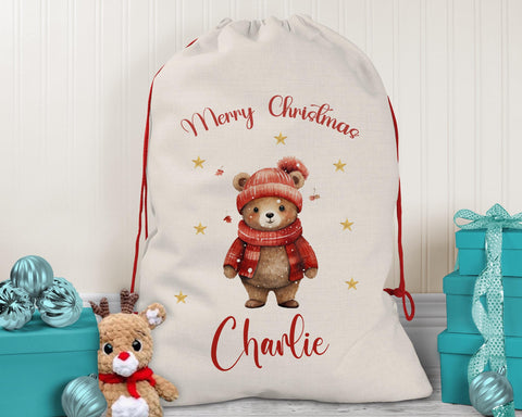 Personalised Christmas Sack - Santa Sack for Kids Presents Xmas Cute Bear Design Stocking Christmas Eve Bag Box for Girls & Boys XS036