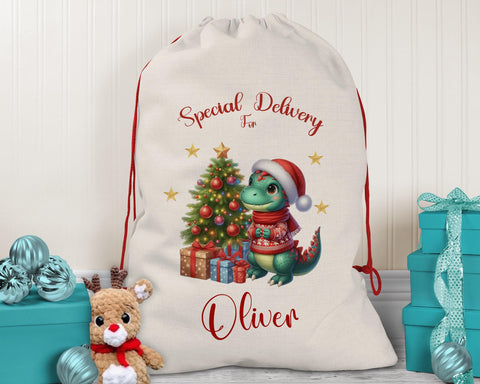 Personalised Christmas Sack - Santa Sack for Kids Presents Xmas Dinosaur Tree Design Stocking Christmas Eve Bag Box for Girls & Boys XS025