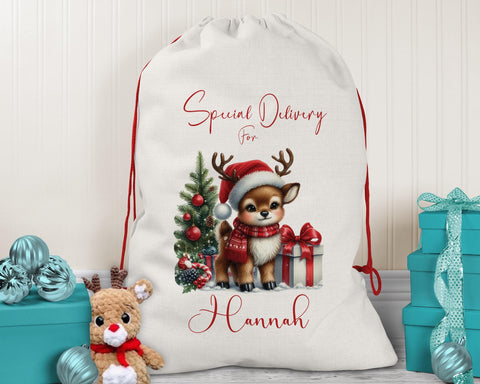 Personalised Christmas Sack - Santa Sack for Kids Presents Xmas Reindeer Tree Design Stocking Christmas Eve Bag Box for Girls & Boys XS018