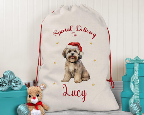 Personalised Lhasa Apso Dog Large Christmas Sack - Red Drawstring Bag for Xmas Presents - Christmas Eve Bag Box Decoration for Dogs XS128