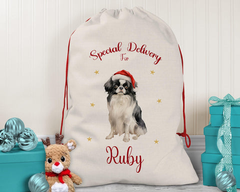 Personalised Japanese Chin Large Christmas Sack - Red Drawstring Bag for Xmas Presents - Christmas Eve Bag Box Decoration for Dogs XS118