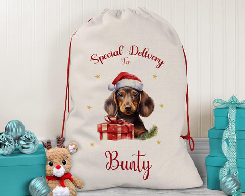 Personalised Dachshund Large Christmas Sack - Red Drawstring Bag for Xmas Presents - Christmas Eve Bag Box Decoration for Dogs XS093
