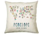 Personalised World Map Cushion Childrens Nursery Gift Printed Name Design - Little Explorer Cushion Pillow Gift For Girls Boys Bedroom CS454