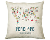 Personalised World Map Cushion Childrens Nursery Gift Printed Name Design - Little Explorer Cushion Pillow Gift For Girls Boys Bedroom CS454