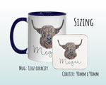 Personalised Highland Cow Mug Gift - Great Gifts for Animal Cow Lovers Watercolour Bovine Flowers Highland Cattle Design Mug Coaster MGZ306