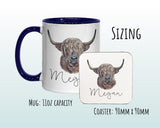 Personalised Highland Cow Mug Gift - Great Gifts for Animal Cow Lovers Watercolour Bovine Flowers Highland Cattle Design Mug Coaster MGZ306