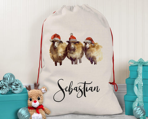 Personalised Large Christmas Sack Three Xmas Sheep Design Name Xmas Stocking Gift Stocking Rudolph Sack Red Drawstring Decoration SK069