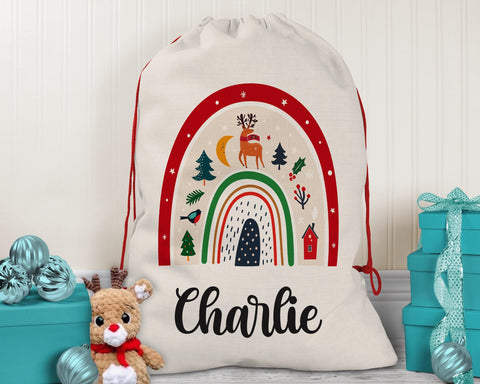 Personalised Large Christmas Sack Rainbow Name Xmas Stocking Gift Stocking Rudolph Sack Red Drawstring Christmas Decoration SK082