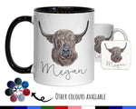 Personalised Highland Cow Mug Gift - Great Gifts for Animal Cow Lovers Watercolour Bovine Flowers Highland Cattle Design Mug Coaster MGZ306