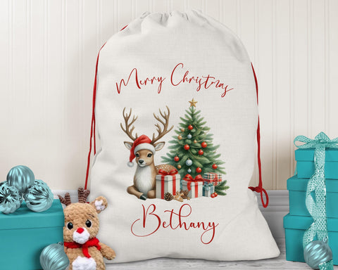 Personalised Christmas Sack - Santa Sack for Kids Presents Xmas Reindeer Tree Design Stocking Christmas Eve Bag Box for Girls & Boys XS011
