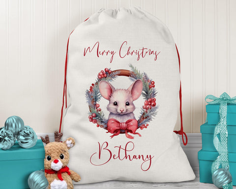 Personalised Christmas Sack - Santa Sack for Kids Presents Xmas Mouse Wreath Design Stocking Christmas Eve Bag Box for Girls & Boys XS009