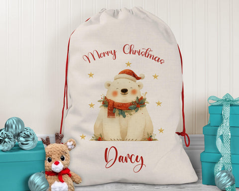 Personalised Christmas Sack - Santa Sack for Kids Presents Xmas Cute Polar Bear Design Stocking Christmas Eve Bag Box for Girls & Boys XS034