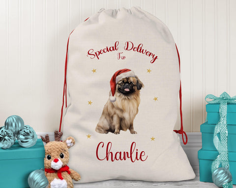 Personalised Pekingese Dog Large Christmas Sack - Red Drawstring Bag for Xmas Presents - Christmas Eve Bag Box Decoration for Dogs XS135