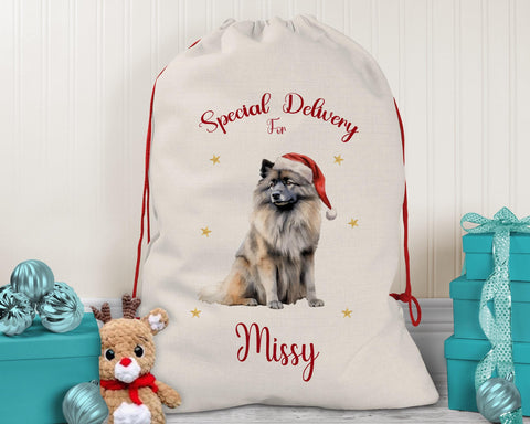 Personalised Keeshond Dog Large Christmas Sack - Red Drawstring Bag for Xmas Presents - Christmas Eve Bag Box Decoration for Dogs XS119