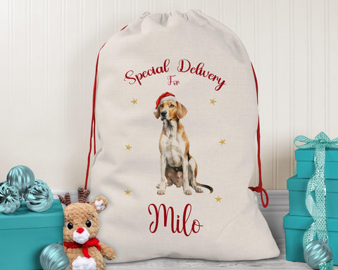 Personalised English Fox Hound Large Christmas Sack - Red Drawstring Bag for Xmas Presents - Christmas Eve Bag Box Decoration for Dogs XS100
