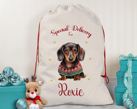 Personalised Dachshund Large Christmas Sack - Red Drawstring Bag for Xmas Presents - Christmas Eve Bag Box Decoration for Dogs XS091