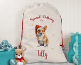 Personalised Corgi Dog Large Christmas Sack - Red Drawstring Bag for Xmas Presents - Christmas Eve Bag Box Decoration for Dogs XS089