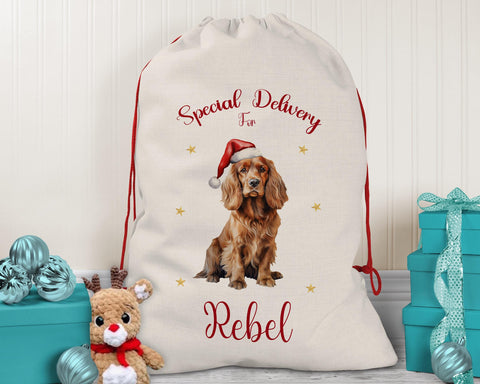 Personalised Cocker Spaniel Large Christmas Sack - Red Drawstring Bag for Xmas Presents - Christmas Eve Bag Box Decoration for Dogs XS088