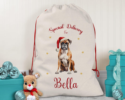 Personalised Boxer Dog Large Christmas Sack - Red Drawstring Bag for Xmas Presents - Christmas Eve Bag Box Decoration for Dogs XS078