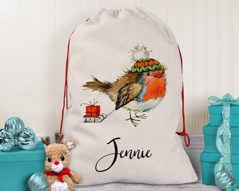 Personalised Large Christmas Sack Robin Sledge Design Xmas Stocking Gift Rudolph Sack Red Drawstring Christmas Decoration SK051