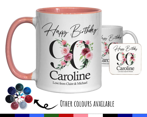 90th Birthday Gift for Women - Personalised Coffee Mug & Coaster - Age 90 Gift for Her - Ladies Floral Age Design Mum Nan Gran Ninety BNA90M