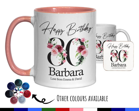 80th Birthday Gift for Women - Personalised Coffee Mug & Coaster - Age 80 Gift for Her - Ladies Floral Age Design Mum Nan Gran Eighty BNA80M