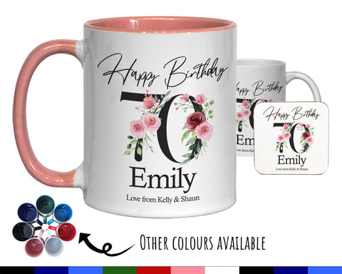 70th Birthday Gift for Women - Personalised Coffee Mug & Coaster - Age 70 Gift for Her Ladies Floral Age Design Mum Nan Gran Seventy BNA70M