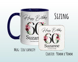 60th Birthday Gift for Women - Personalised Coffee Mug & Coaster - Age 60 Gift for Her - Ladies Floral Age Design Mum Nan Gran Sixty BNA60M
