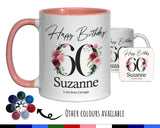 60th Birthday Gift for Women - Personalised Coffee Mug & Coaster - Age 60 Gift for Her - Ladies Floral Age Design Mum Nan Gran Sixty BNA60M