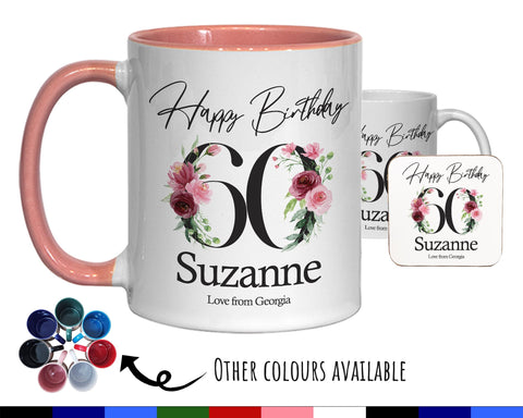 60th Birthday Gift for Women - Personalised Coffee Mug & Coaster - Age 60 Gift for Her - Ladies Floral Age Design Mum Nan Gran Sixty BNA60M