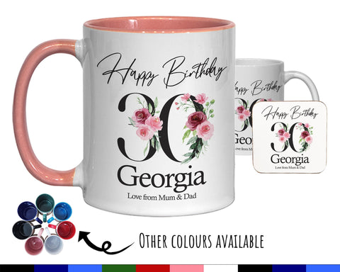 30th Birthday Gift for Women - Personalised Coffee Mug & Coaster - Age 30 Gift for Her - Ladies Floral Age Design Mum Daughter Thirty BNA30M