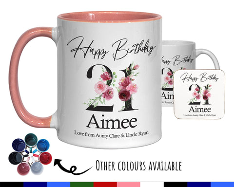 21st Birthday Gift for Women - Personalised Coffee Mug & Coaster - Age 21 Gift for Her - Ladies Floral Age Design Daughter Twenty One BNA21M
