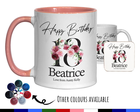 18th Birthday Gift for Her - Personalised Coffee Mug & Coaster - Age 18 Gift for Women - Ladies Floral Age Design Daughter Eighteen BNA18M