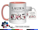 40th Birthday Gift for Women - Wonderful Since 1985 Personalised Coffee Mug Coaster Age 40 Gift for Her Ladies Floral Design Mum Nan BND40M