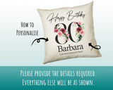 80th Birthday Gift for Women - Personalised Happy Birthday Cushion Age 80 Gift for Her - Ladies Floral Age Design Mum Nan Gran Eighty BNA80C
