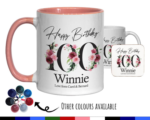 100th Birthday Gift for Women - Personalised Coffee Mug & Coaster Age 100 Gift for Her - Ladies Floral Design Nan Gran One Hundred BNA100M