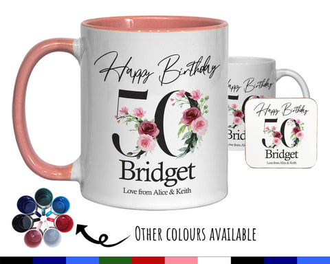 50th Birthday Gift for Women - Personalised Coffee Mug & Coaster - Age 50 Gift for Her - Ladies Floral Age Design Mum Daughter Fifty BNA50M