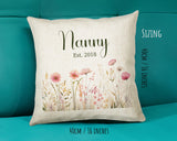 Nanny Gift Cushion - Personalised Scatter Cushion Pillow for Her Women - Wild Flower Design with Custom Name Gift for Nan Mothers Day BC001