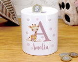 Personalised Money Box for Baby Girl - Bunny Rabbit Design New Baby Gift for New Mum Dad Parent - Pink Initial Name Ceramic Piggy Bank MB001