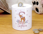 Personalised Money Box for Baby Girl - Deer Design New Baby Gift for New Mum Dad Parents - Pink Initial and Name Ceramic Piggy Bank MB001