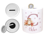 Personalised Money Box for Baby Girl - Owl Design New Baby Gift for New Mum Dad Parents - Pink Initial and Name Ceramic Piggy Bank MB001
