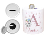 Personalised Money Box for Baby Girl - Elephant Design New Baby Gift for New Mum Dad Parents - Pink Initial Name Ceramic Piggy Bank MB001