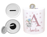 Personalised Money Box for Baby Girl - Elephant Design New Baby Gift for New Mum Dad Parents - Pink Initial Name Ceramic Piggy Bank MB001