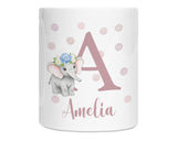 Personalised Money Box for Baby Girl - Elephant Design New Baby Gift for New Mum Dad Parents - Pink Initial Name Ceramic Piggy Bank MB001