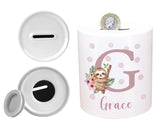 Personalised Money Box for Baby Girl - Sloth Design New Baby Gift for New Mum Dad Parents - Pink Initial and Name Ceramic Piggy Bank MB011