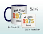 50th Birthday Gift for Men - Awesome Since 1975 Personalised Coffee Mug Coaster Age 50 Gift for Him - Retro Number Design Dad Brother BNG50M