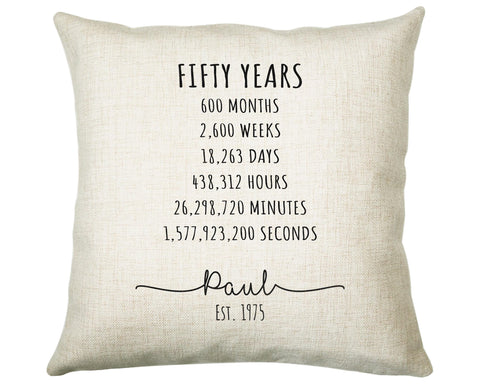 50th Birthday Gift for Men - Personalised Birthday Cushion Age 50 Gift for Him Mens Years Months Weeks Design Son Brother Fifty 1975 BNE50C