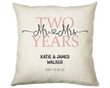 2nd Wedding Anniversary Gift for Him for Her - Second Cotton Anniversary Gift Cushion Personalised with Names Date Mr and Mrs Married BNJ02C