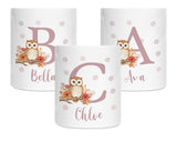 Personalised Money Box for Baby Girl - Owl Design New Baby Gift for New Mum Dad Parents - Pink Initial and Name Ceramic Piggy Bank MB001
