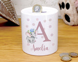 Personalised Money Box for Baby Girl - Elephant Design New Baby Gift for New Mum Dad Parents - Pink Initial Name Ceramic Piggy Bank MB001